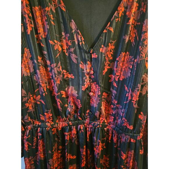 Lane Bryant red black floral Romantic 3/4-Sleeve Button-Down Maxi Dress sz 16 - Picture 9 of 10